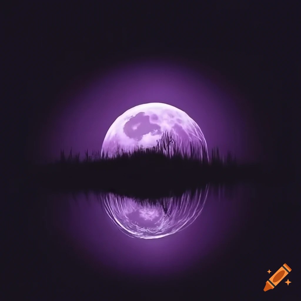 Purple moon reflecting on a lake at sunset