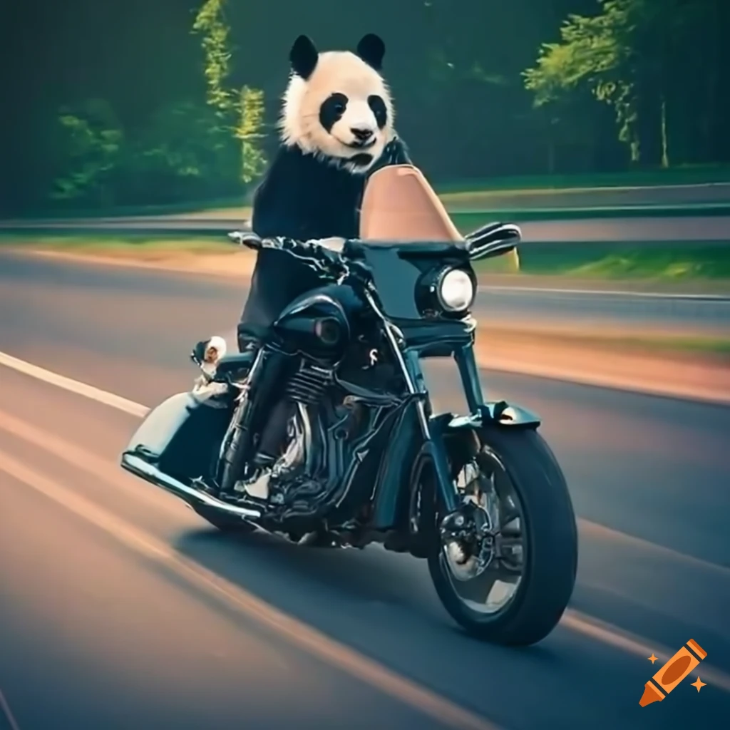 Panda riding a motorcycle on a sunny highway on Craiyon