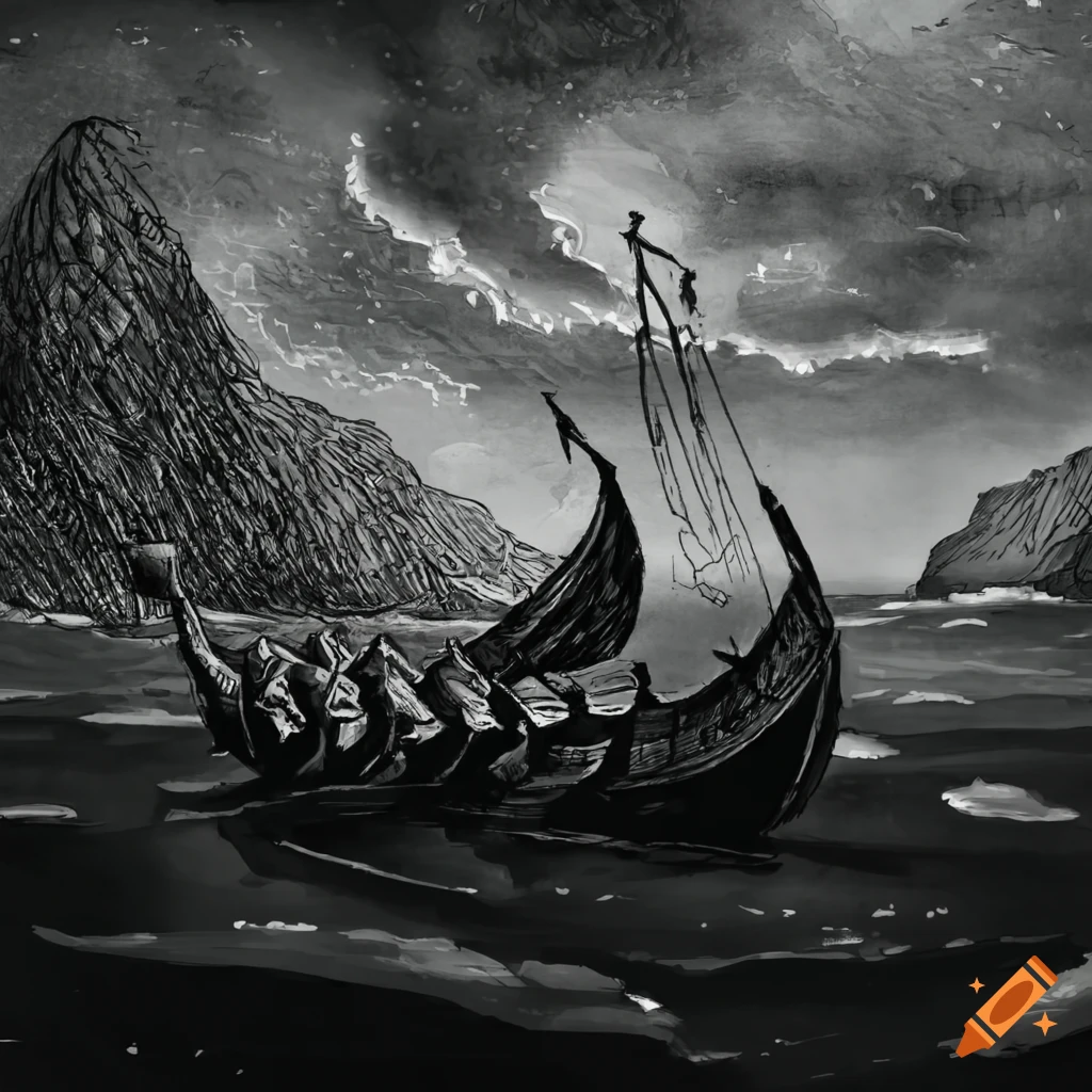 Black and white ink drawing of a wrecked viking ship on a desolate ...