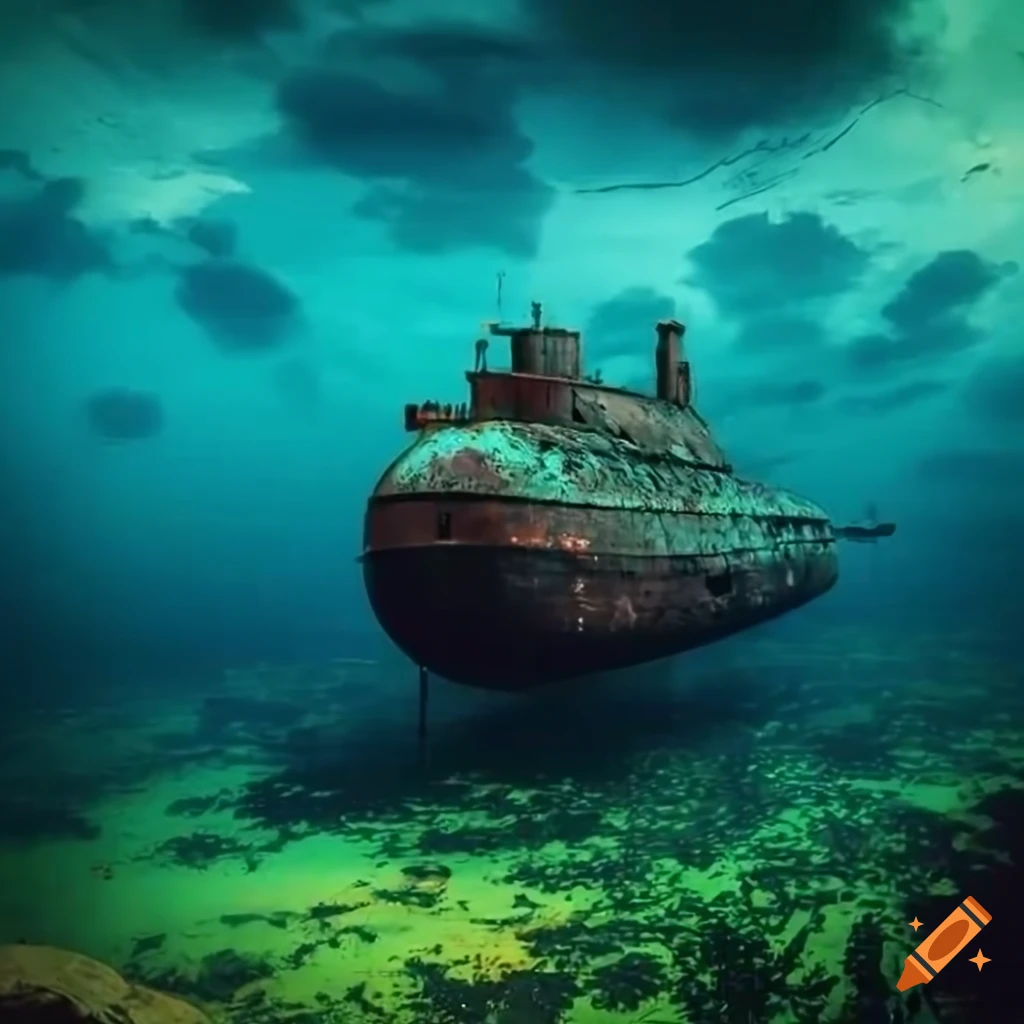 Rusty steampunk submarine in a tropical harbor