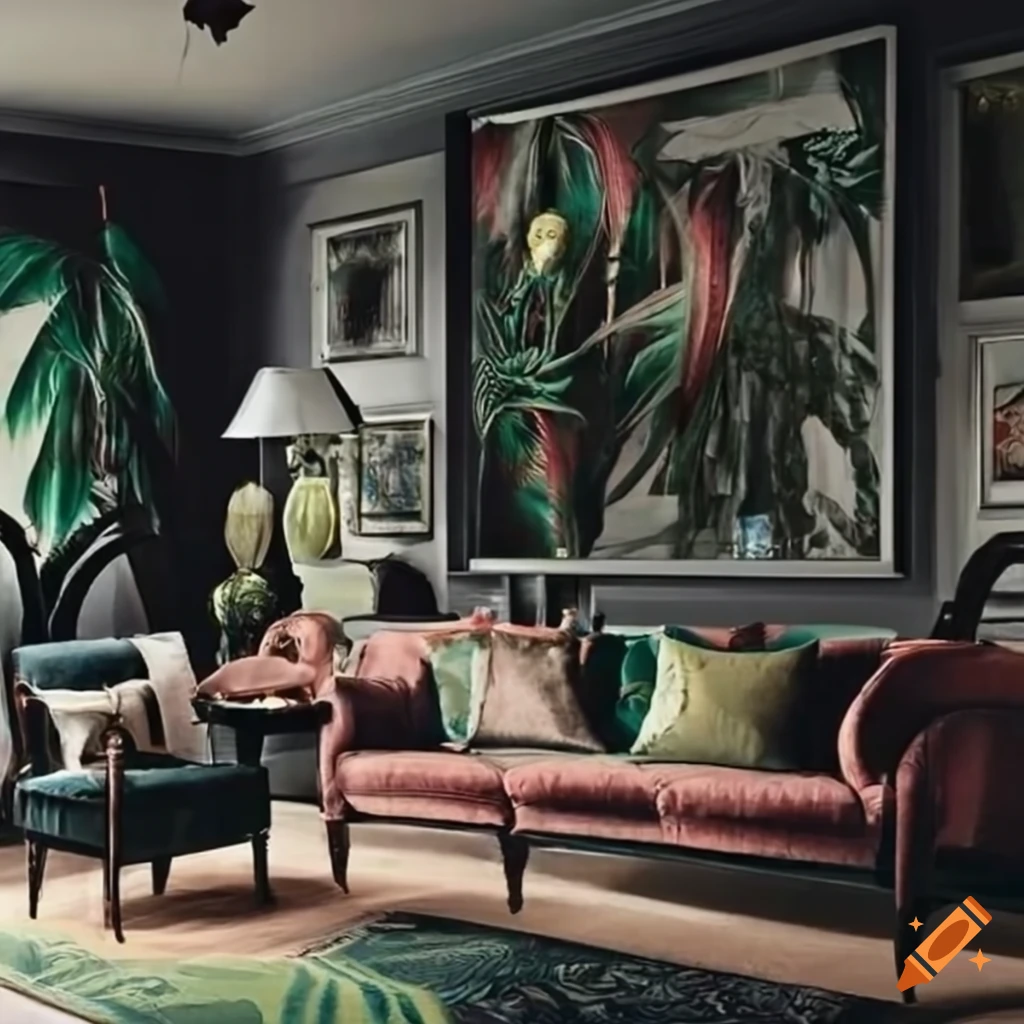 Living room with british colonial 1940s noir tropical decor on Craiyon