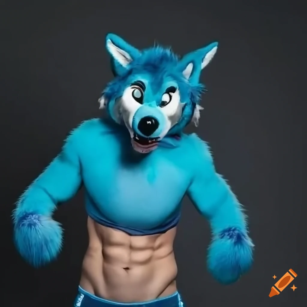 bodybuilder in blue wolf fursuit head