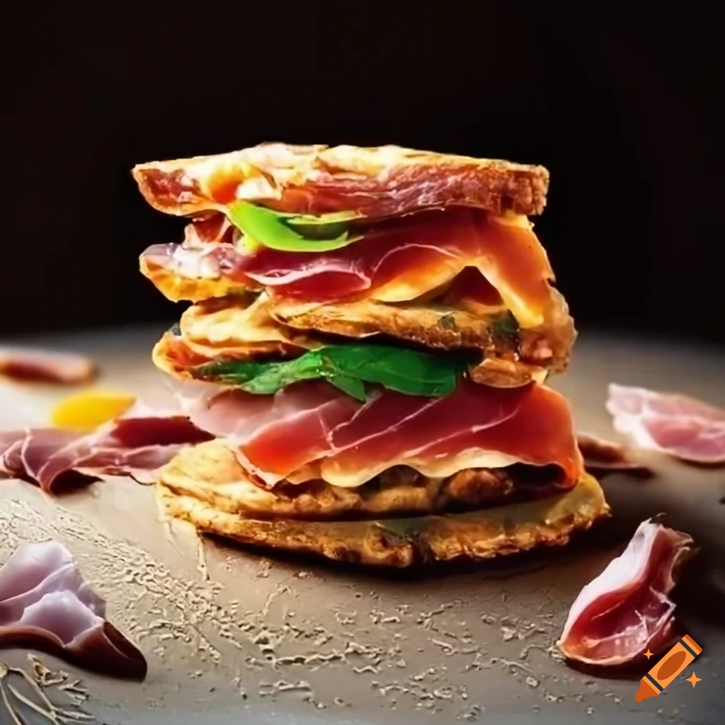 delicious savory pastry filled with cheese, cured meats, and sautéed vegetables