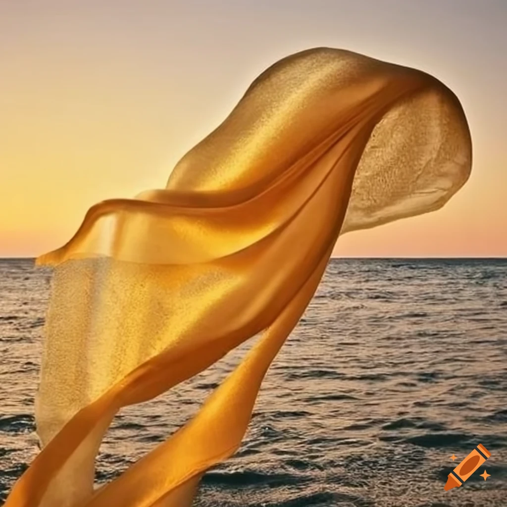 golden fabric fluttering in the wind at the seaside