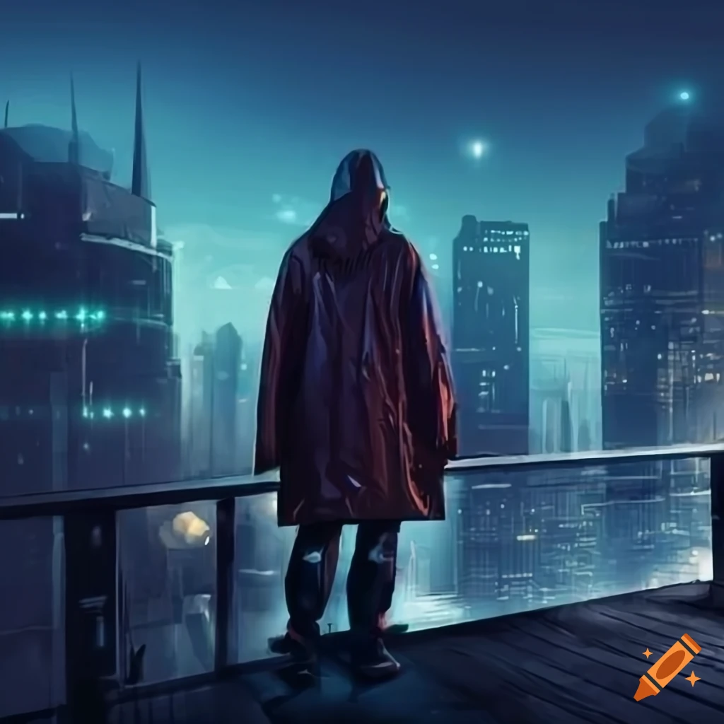 Sci-fi cityscape at night with a man in a raincoat on a rooftop on Craiyon