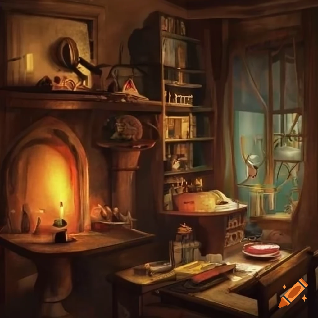 image of a witch's study room with a kitchen and garden