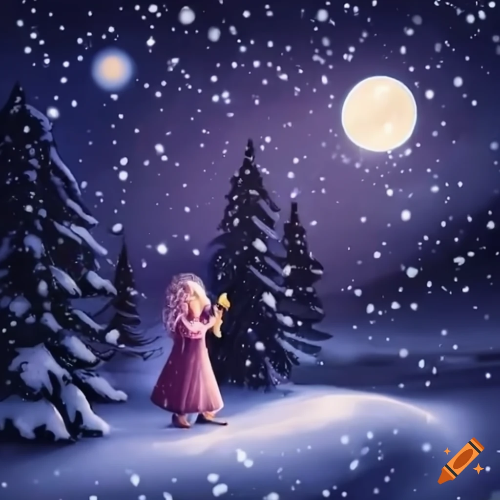 snow falling at night girl