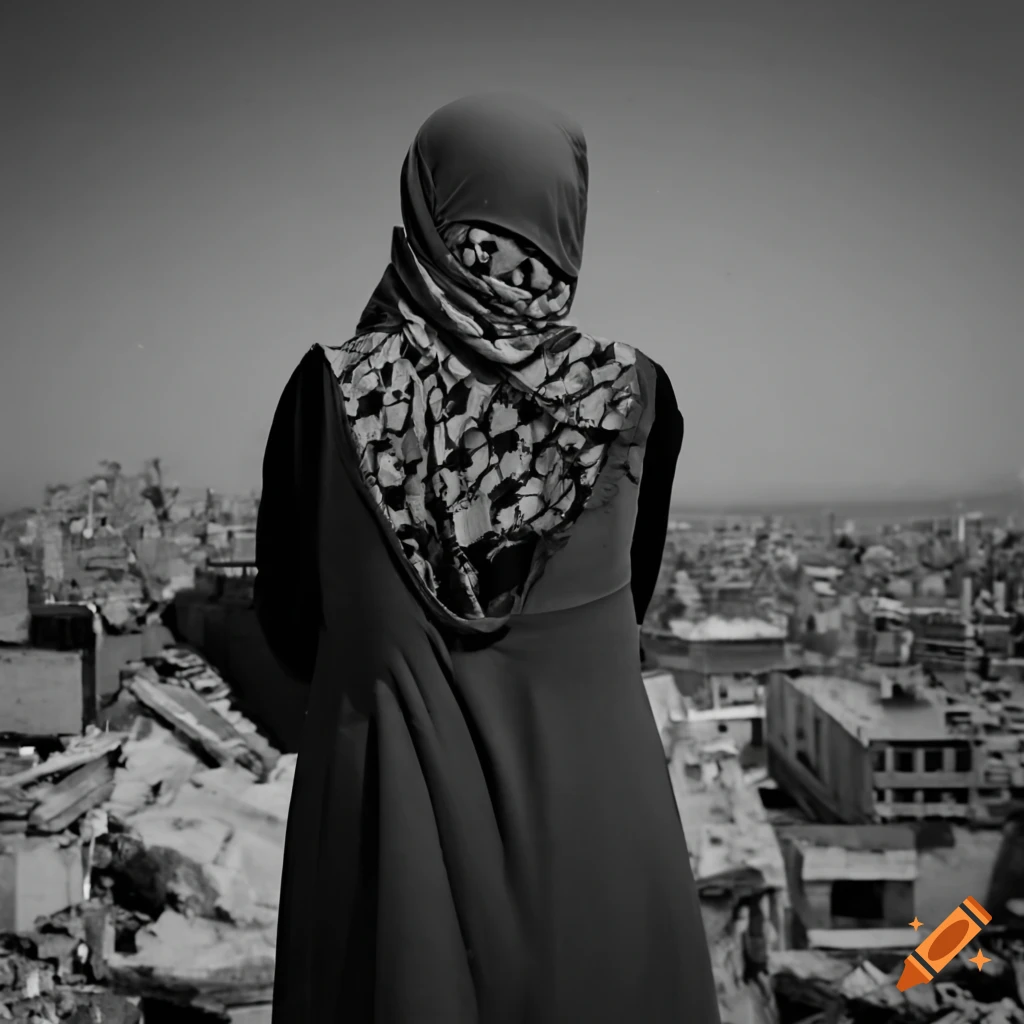 Powerful image of a Palestinian woman facing a devastated cityscape on ...