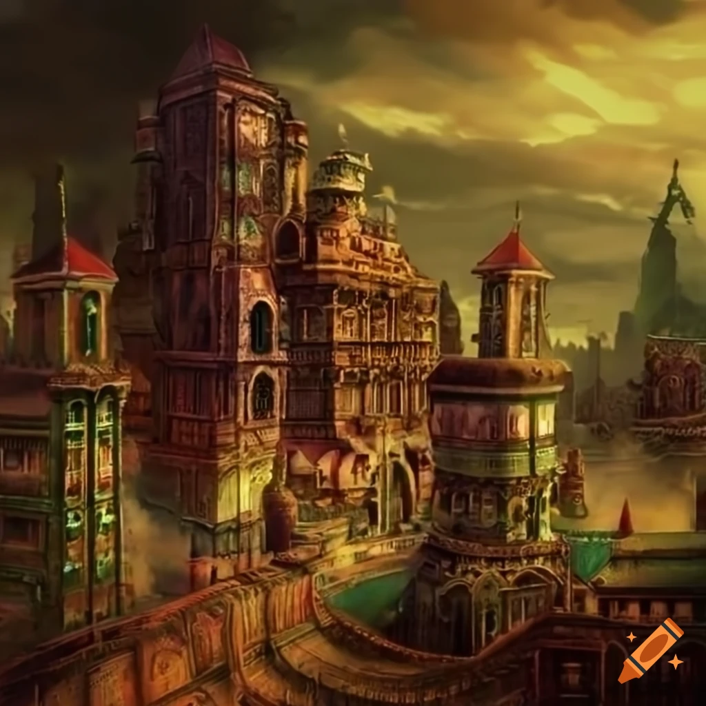 steampunk city with green, red, and golden elements