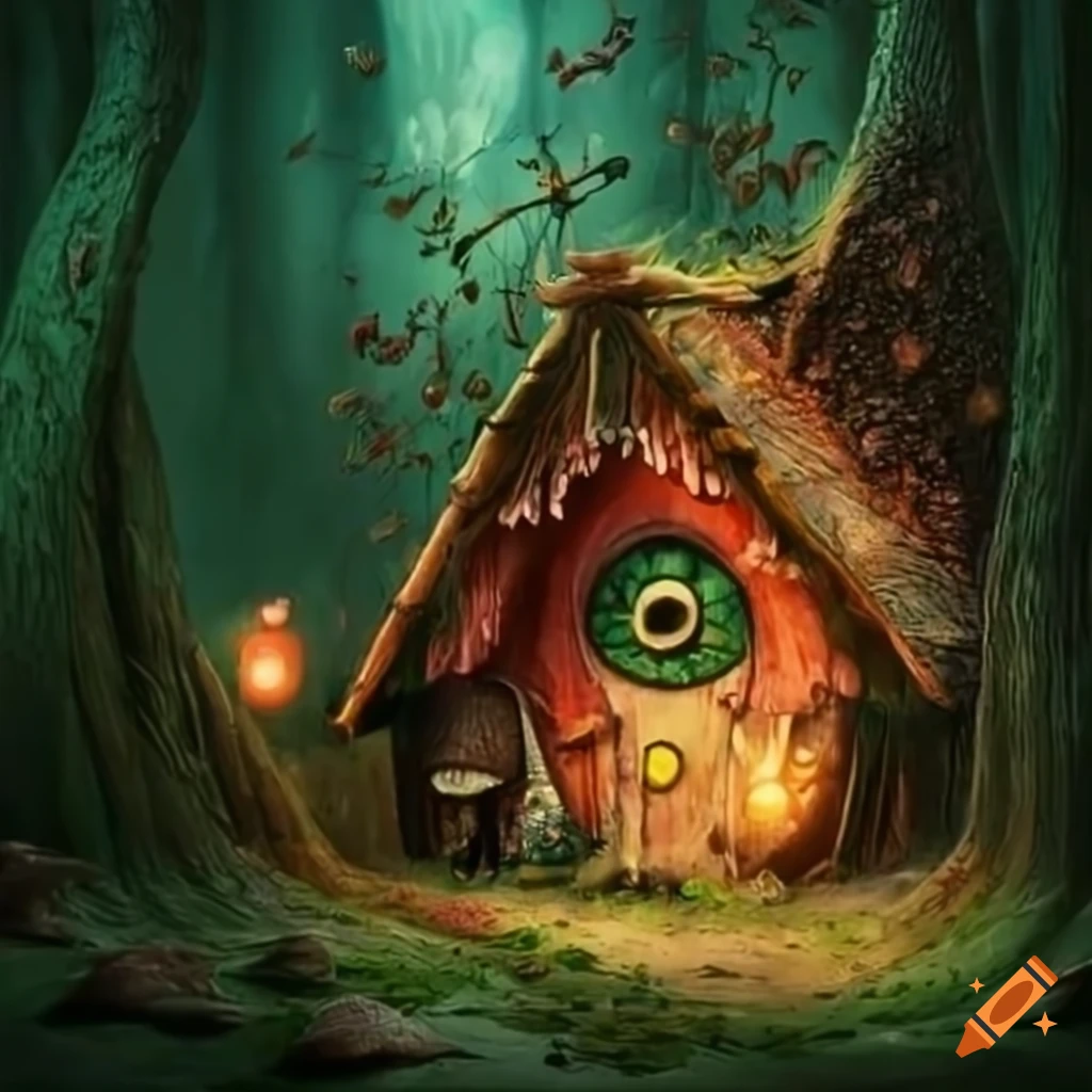 Surrealist depiction of a candy house in an enchanted forest on Craiyon