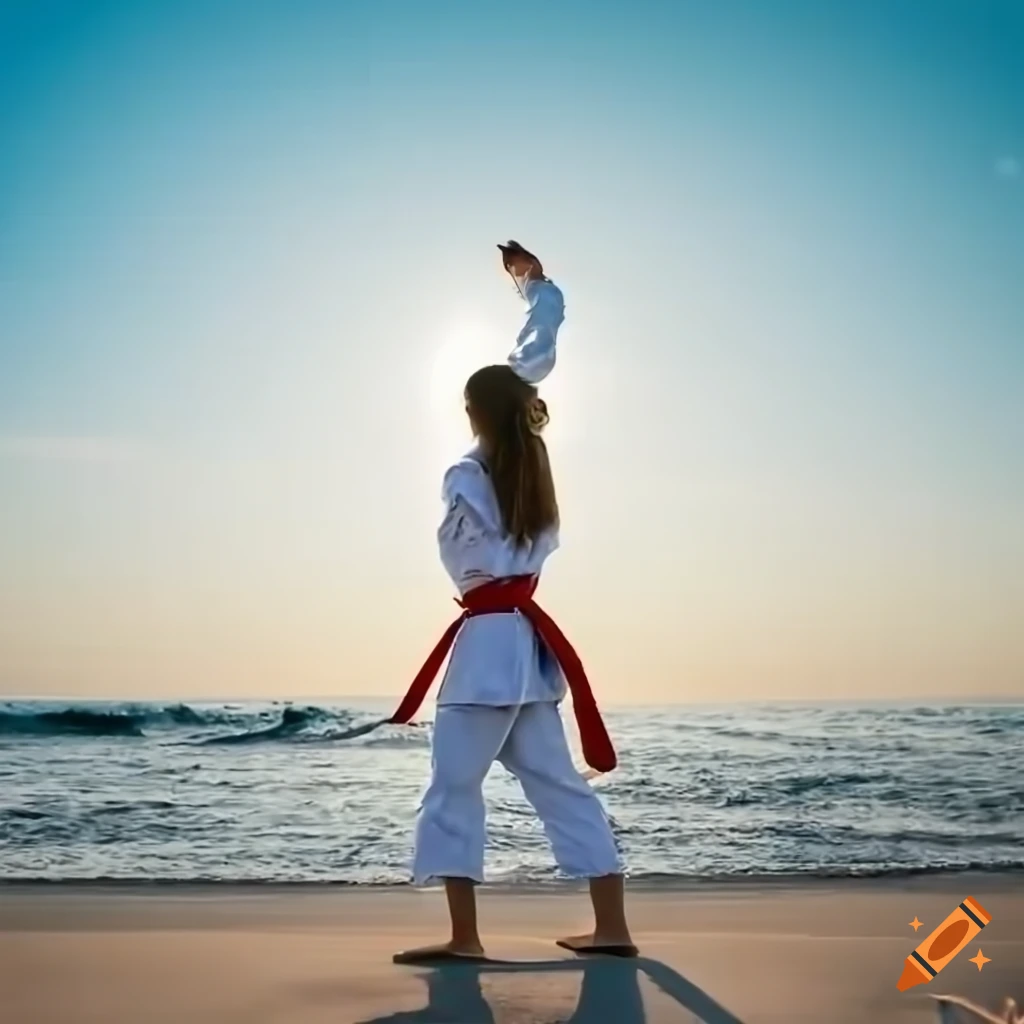 karateka practicing on the beach