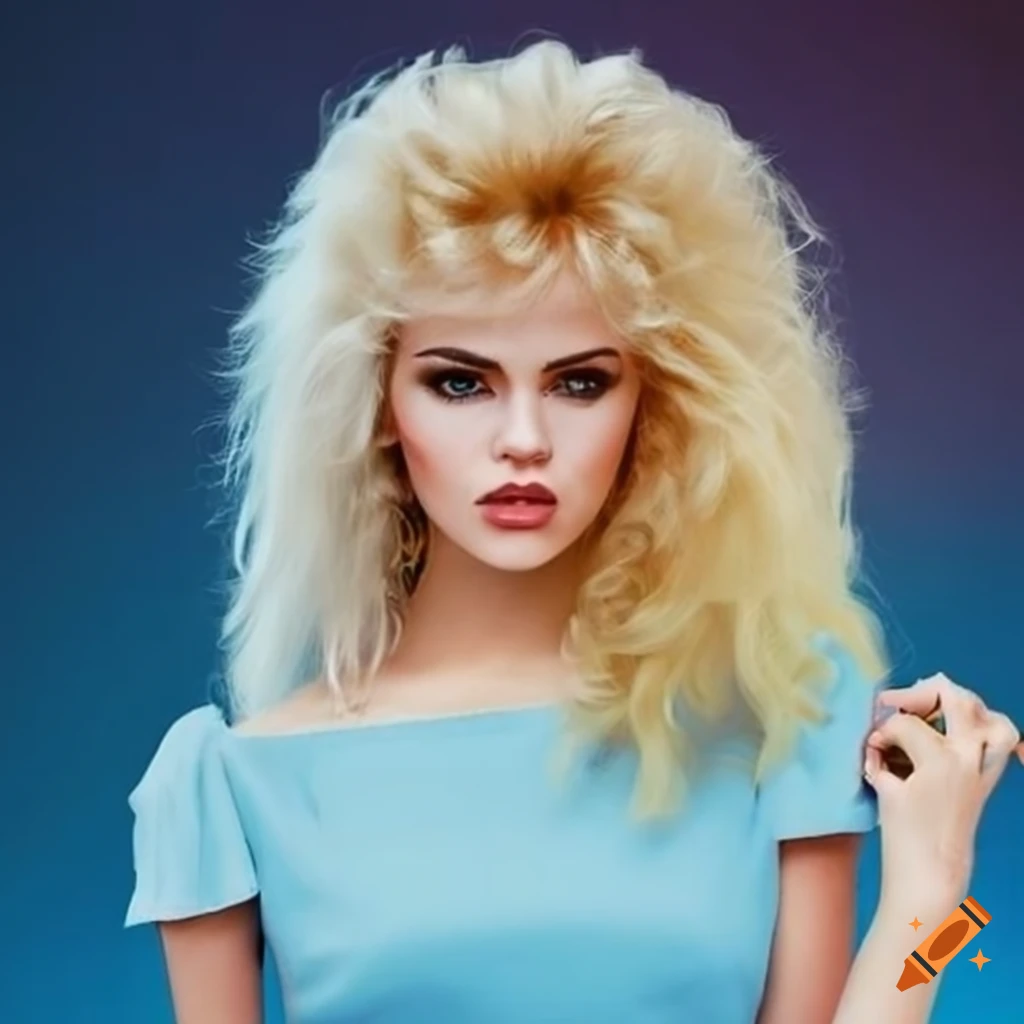 Blonde woman in light blue dress with big 80s hair on Craiyon