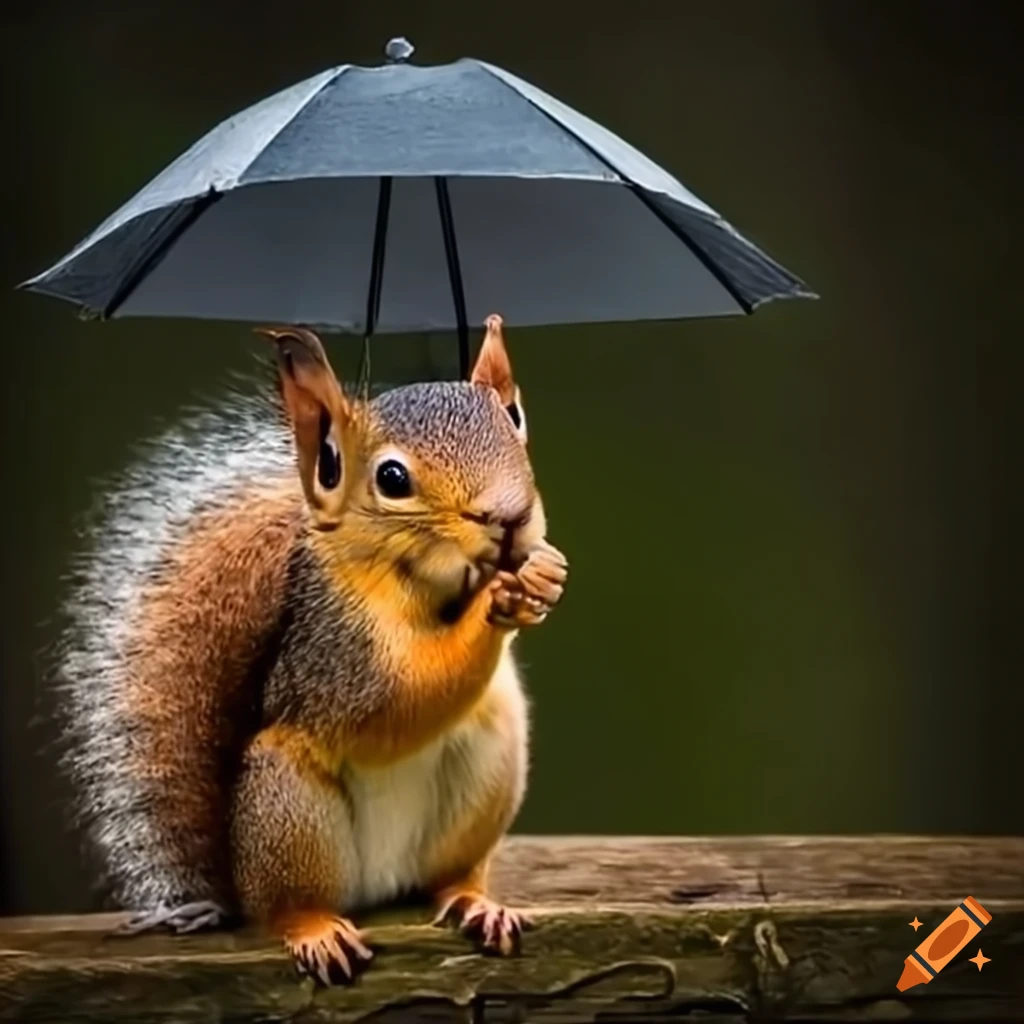 squirrel with umbrella on a rainy day at UIUC campus