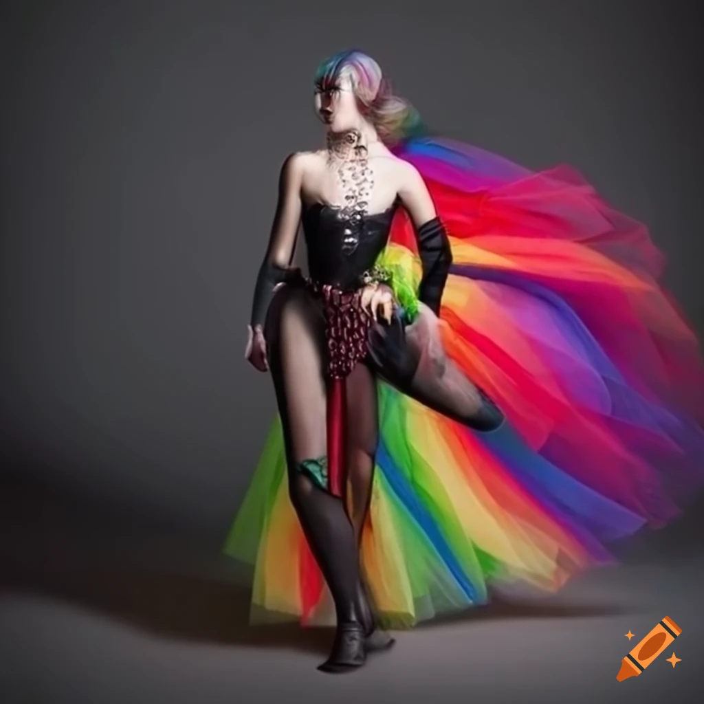 hyper realistic woman in black armor and rainbow tutu