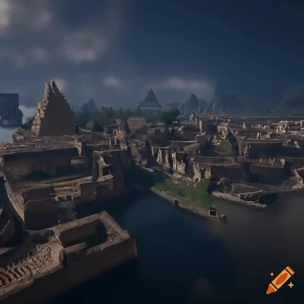 Aerial view of an Etruscan city with a pyramid-like palace and rivers ...