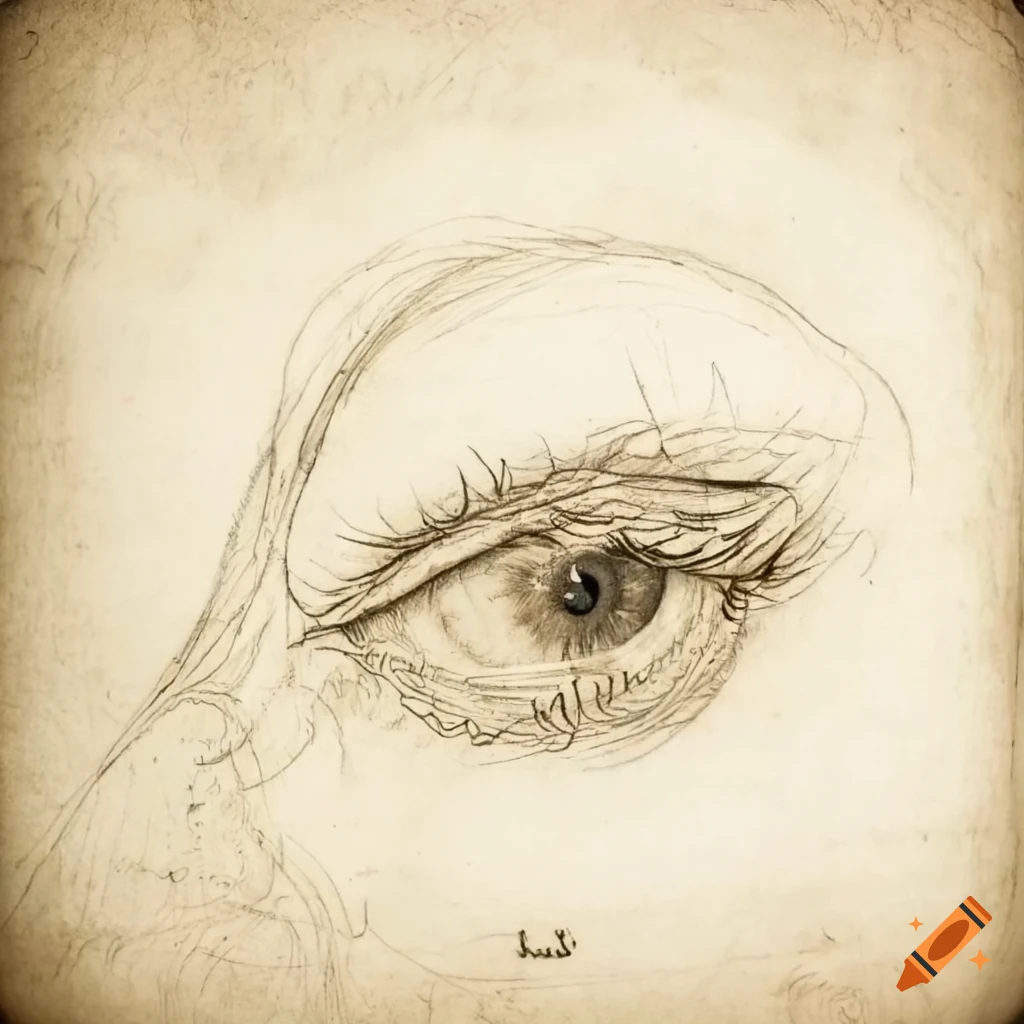 intricate close-up drawing of an eye in Leonardo da Vinci style