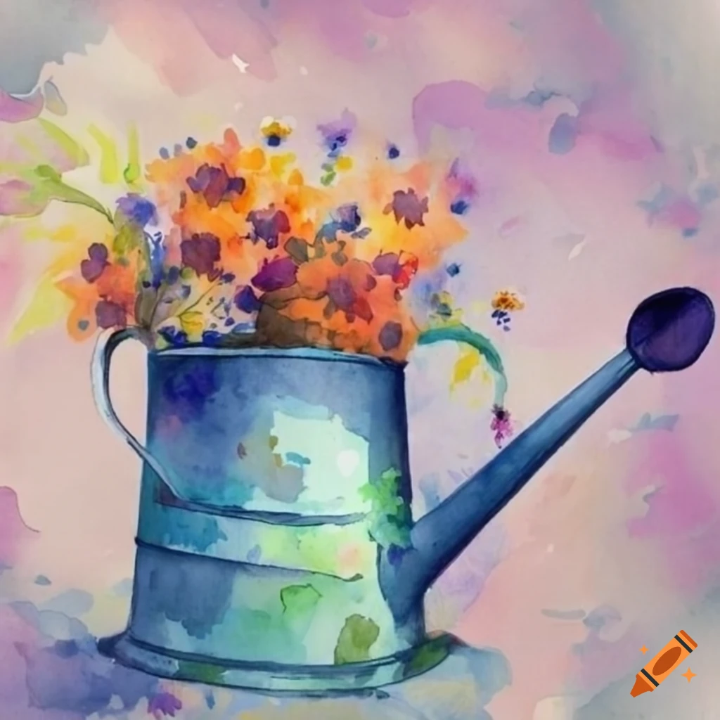 Watercolor Painting Of Wild Flowers In A Watering Can On Craiyon