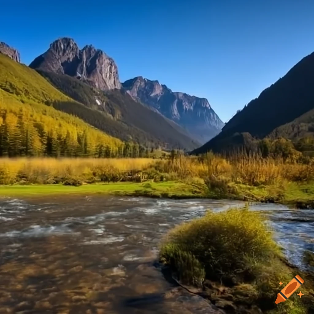 River flowing in front of a majestic mountain on Craiyon
