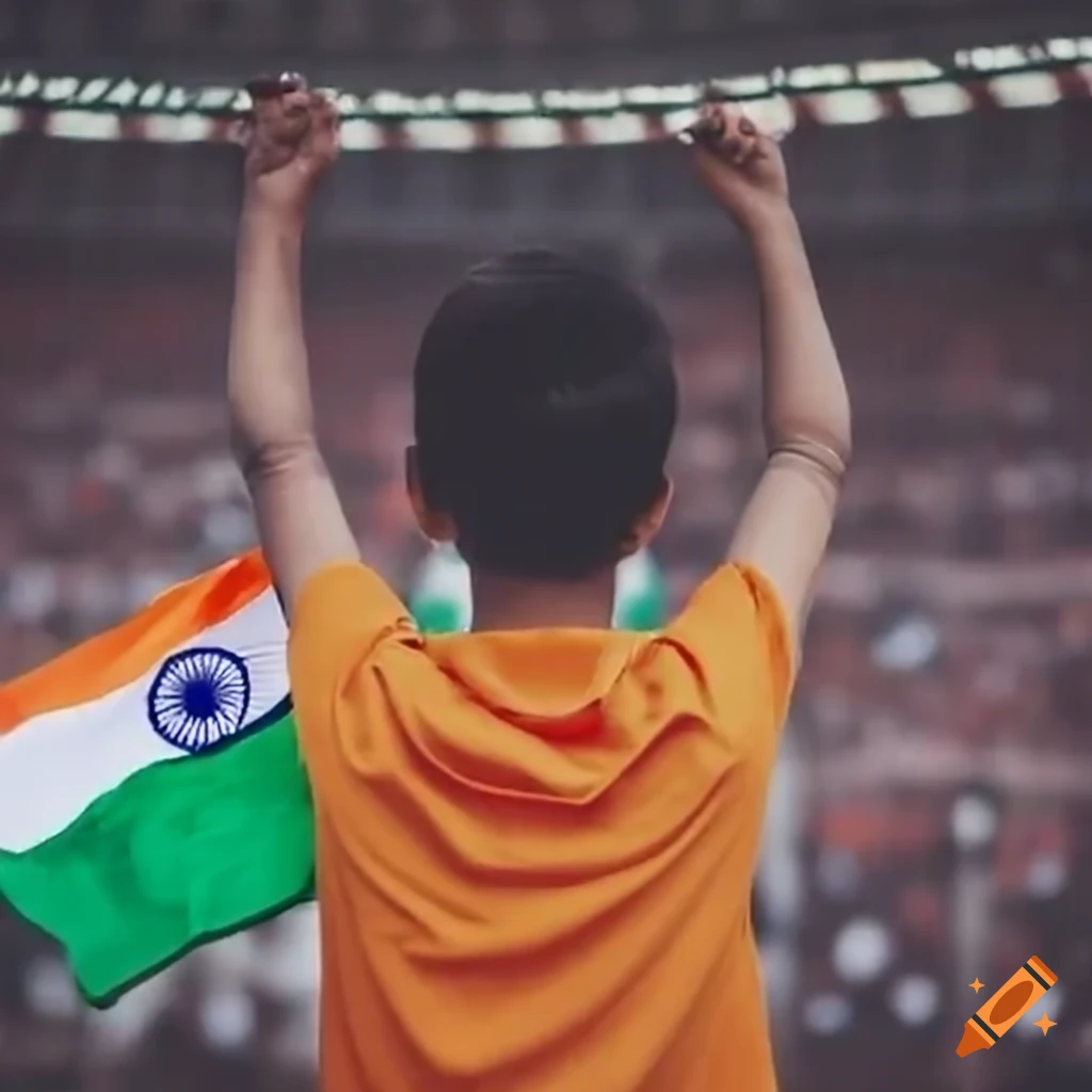 fan wearing Indian jersey with Indian flag in stadium