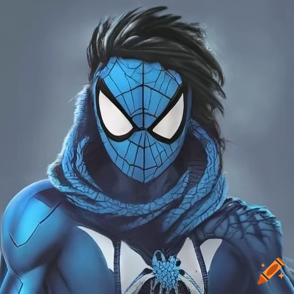 Spidersona of a curly haired boy, a black and blue spider suit but
