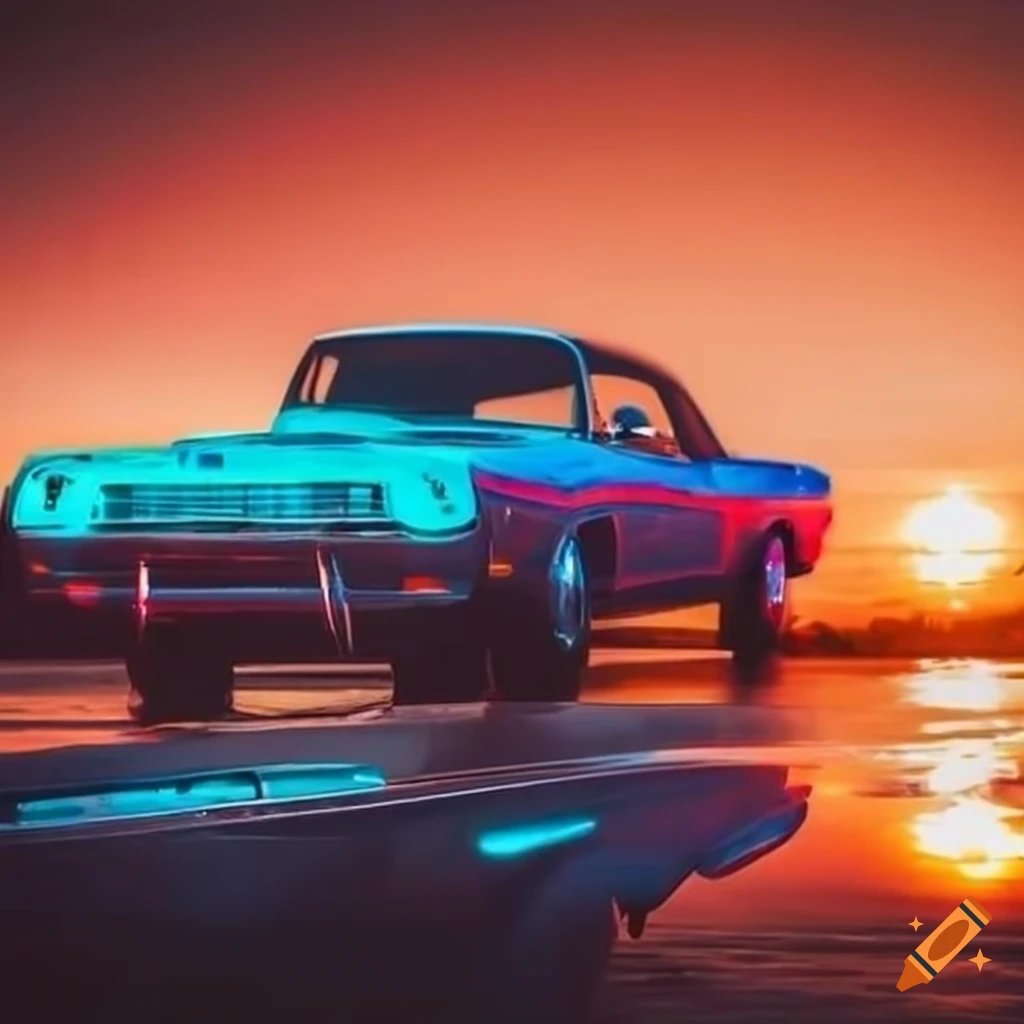 Neon lit American Muscle Car By The Beach On Craiyon