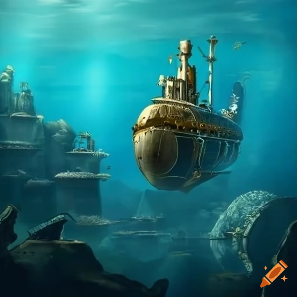 Image of a steampunk submarine exploring the ruins of atlantis on Craiyon