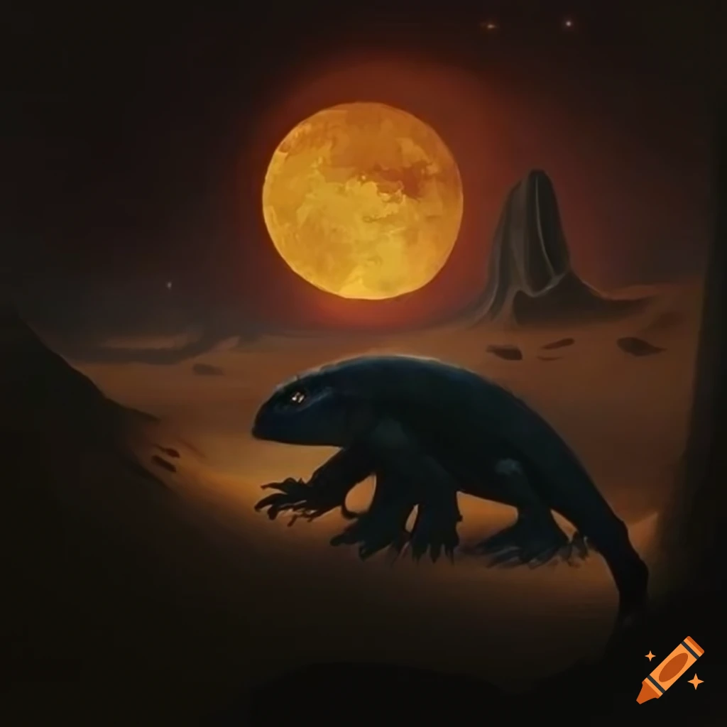 painting of a mysterious reptile in the desert at night