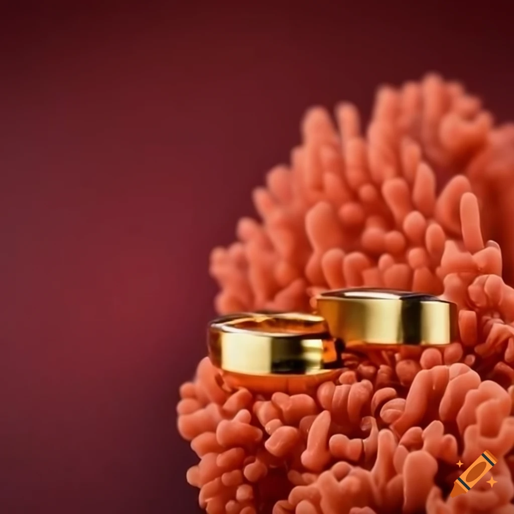 golden wedding rings on red coral