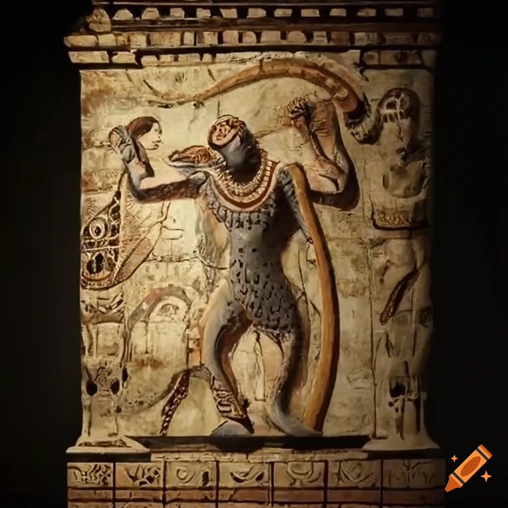 digital artwork of a sky god in golden armor fighting a snake-creature