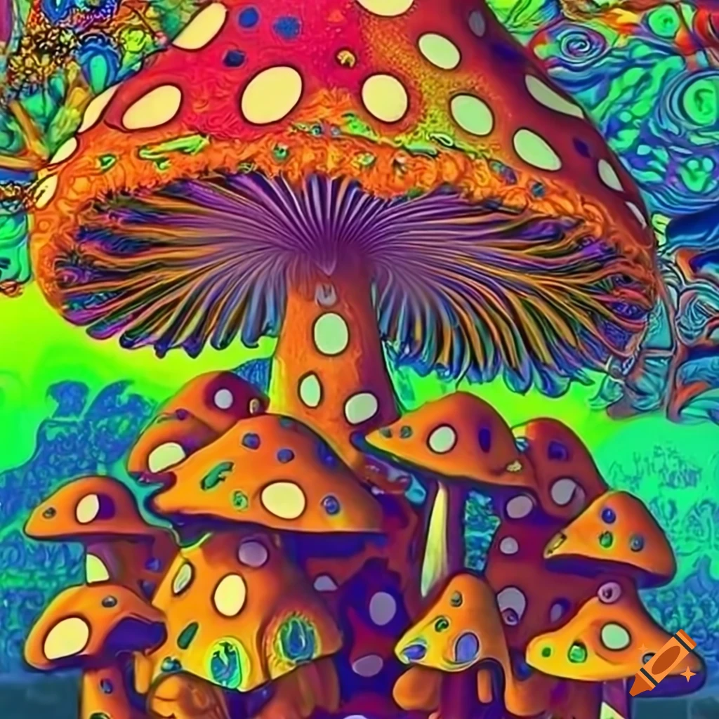 Trippy mushroom cluster art on Craiyon