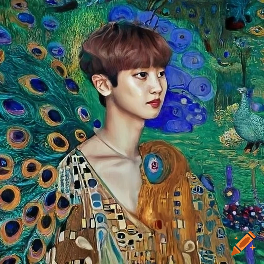 portrait of Park Chanyeol with a peacock painted by Gustav Klimt