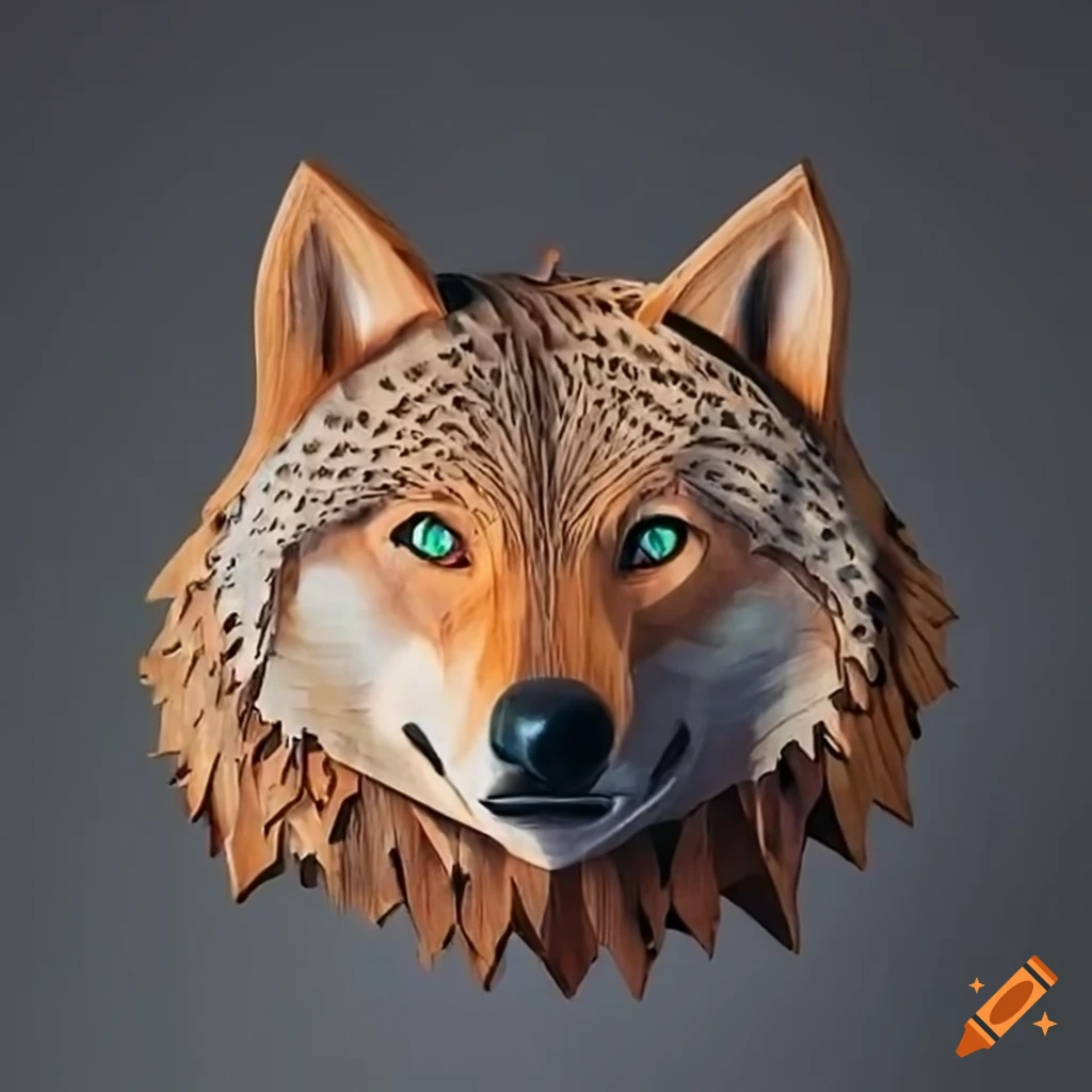 wooden sculpture of a wolf