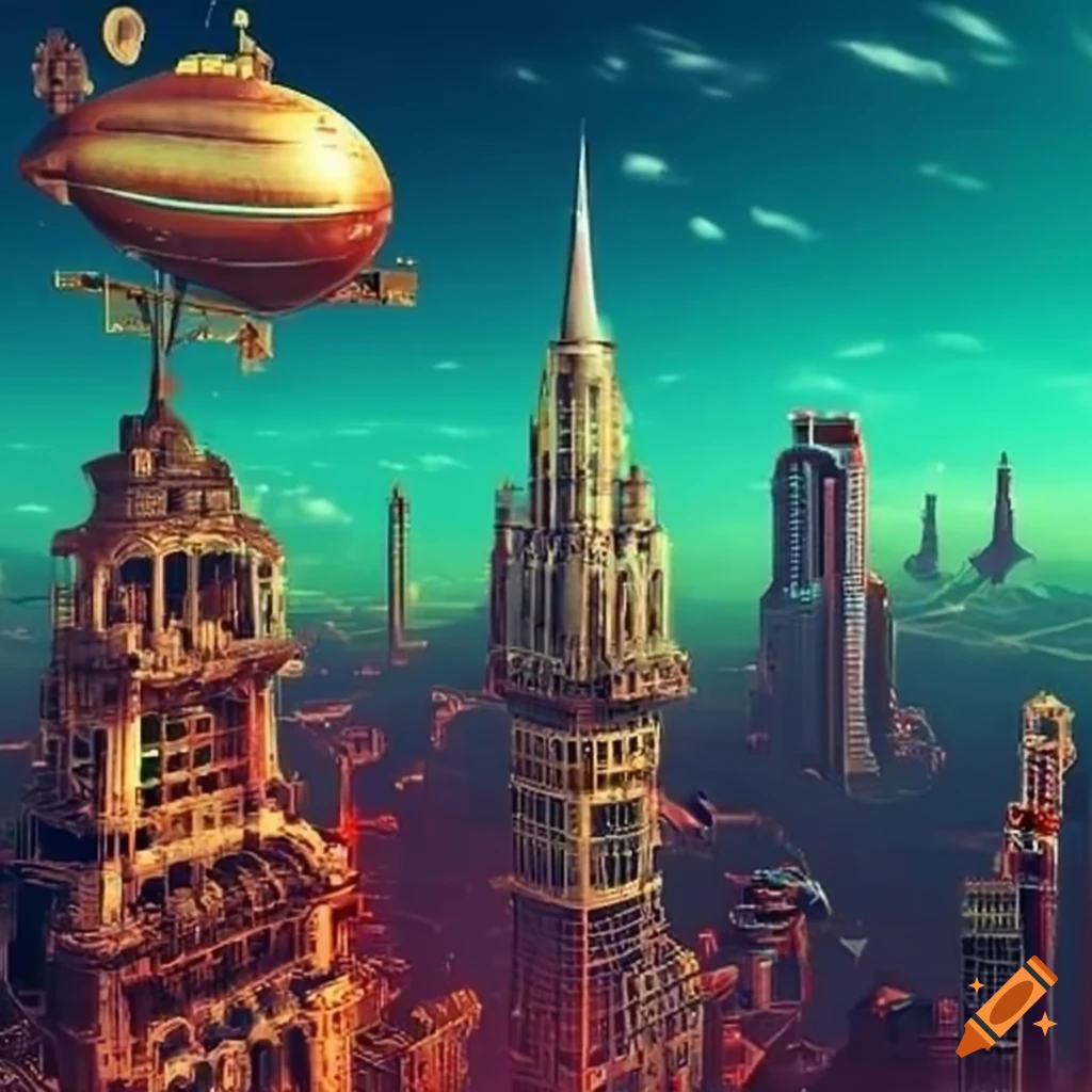 Futuristic steampunk city with airships and biplanes on Craiyon
