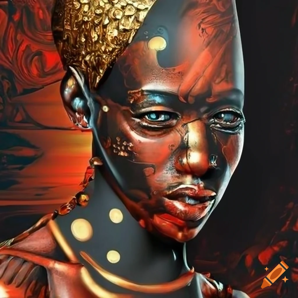 surrealism abstract artwork of a cyborg African tribe