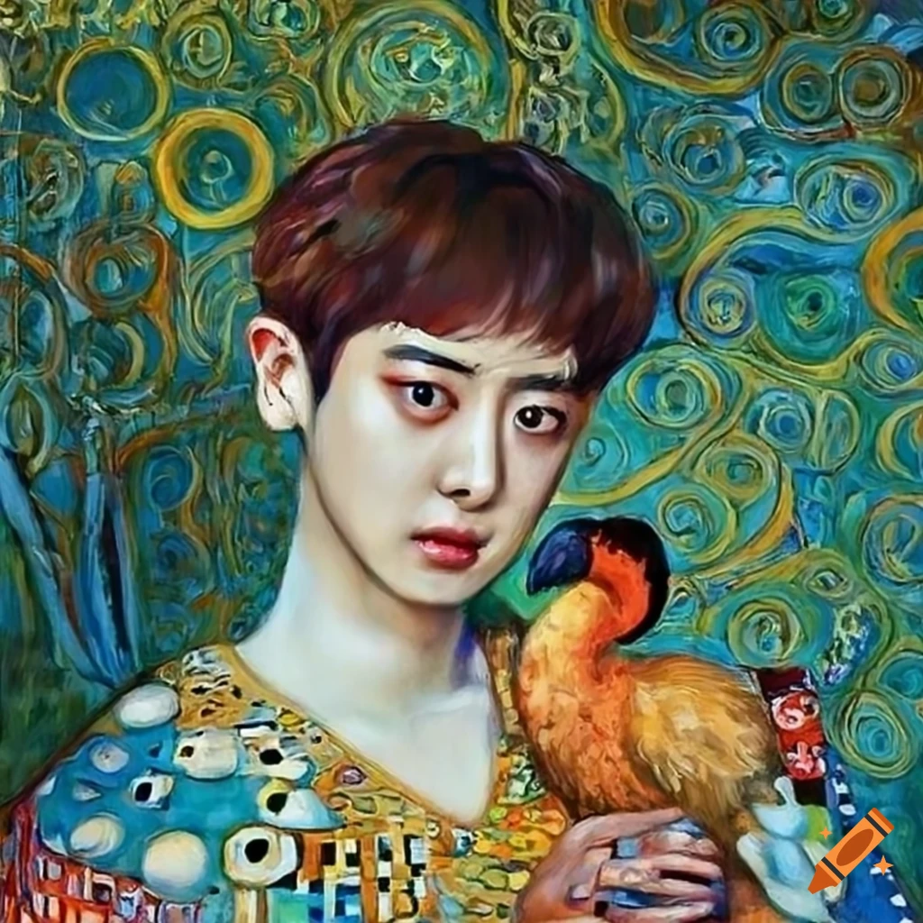 Park chanyeol holding a dodo painting by gustav klimt