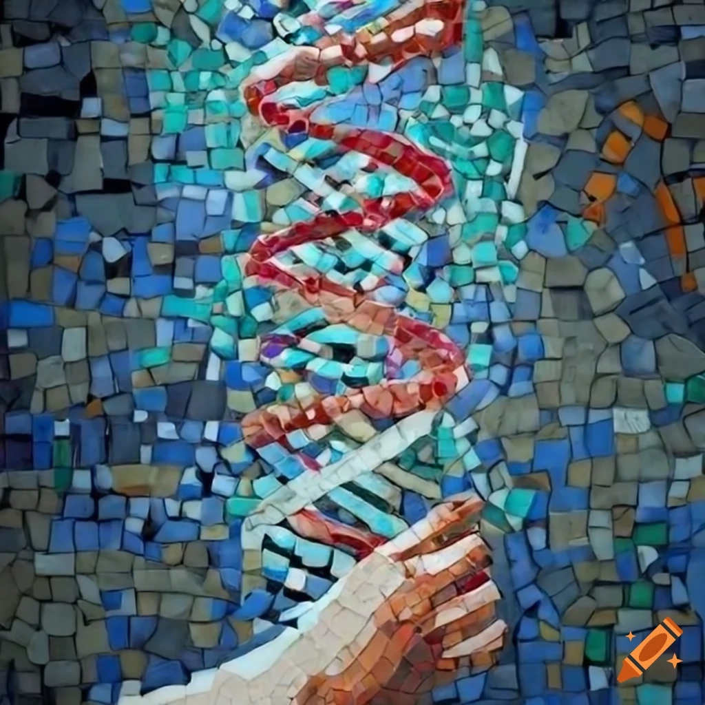 mosaic mural of hands holding a DNA helix