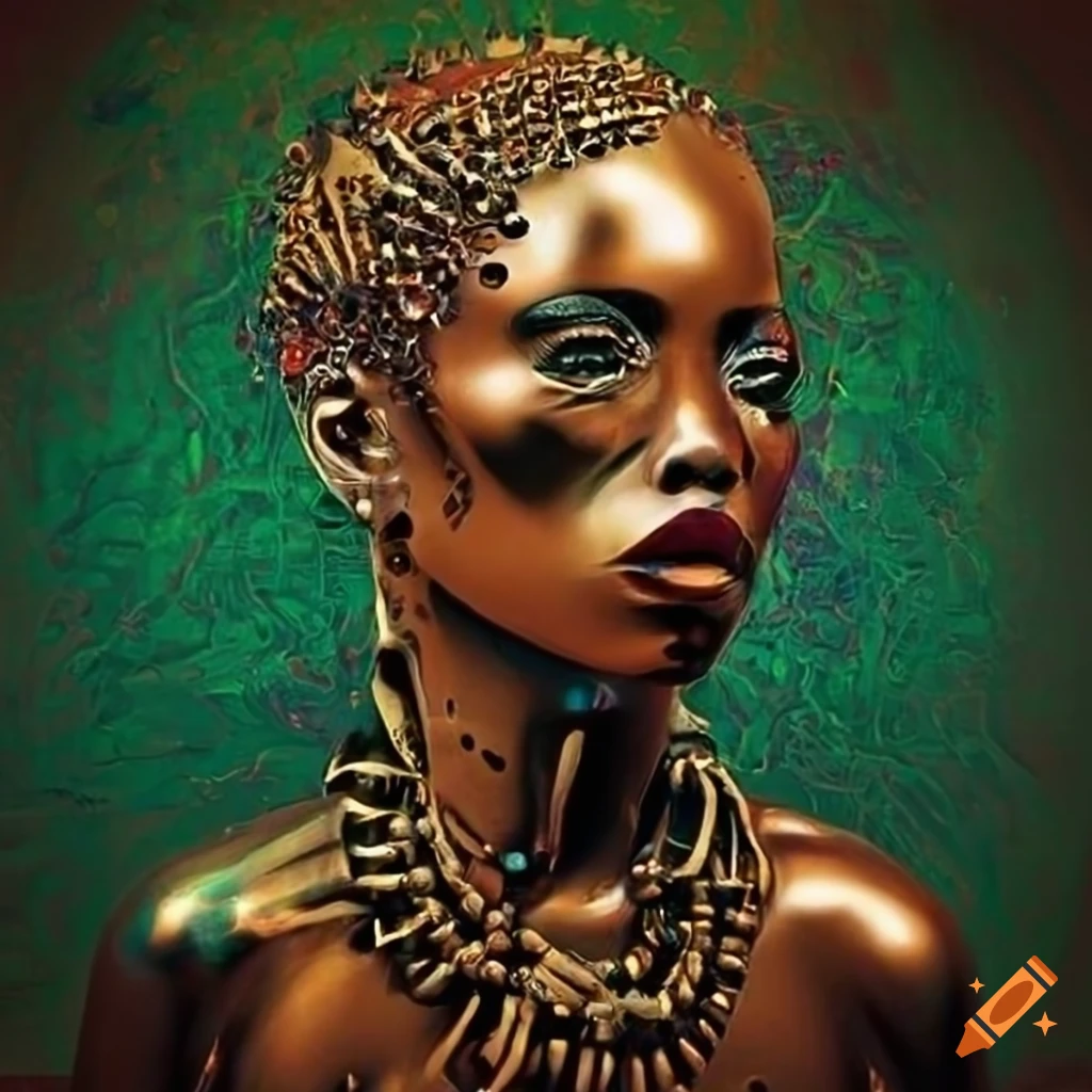 surreal artwork of a cyborg African tribe in gold and black