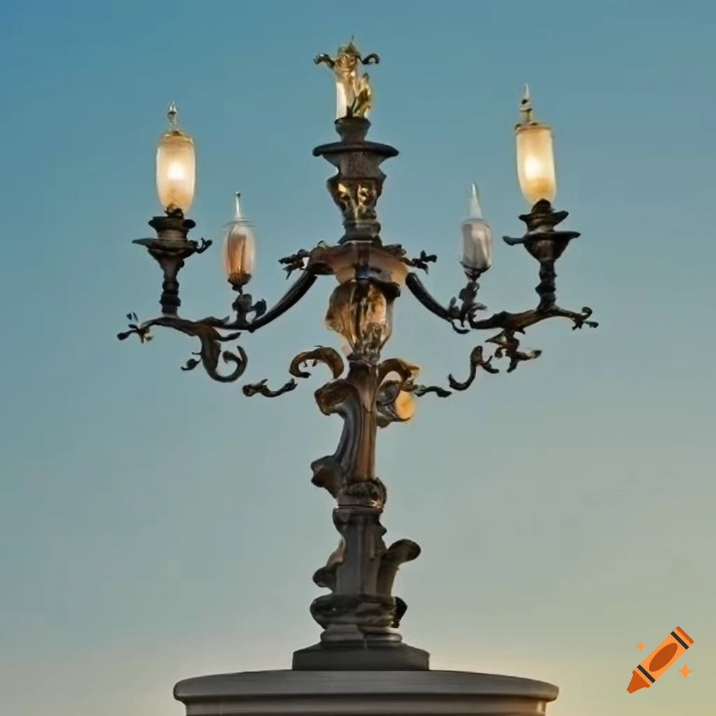 blue sky street view with candelabrum and oak leaf ornaments