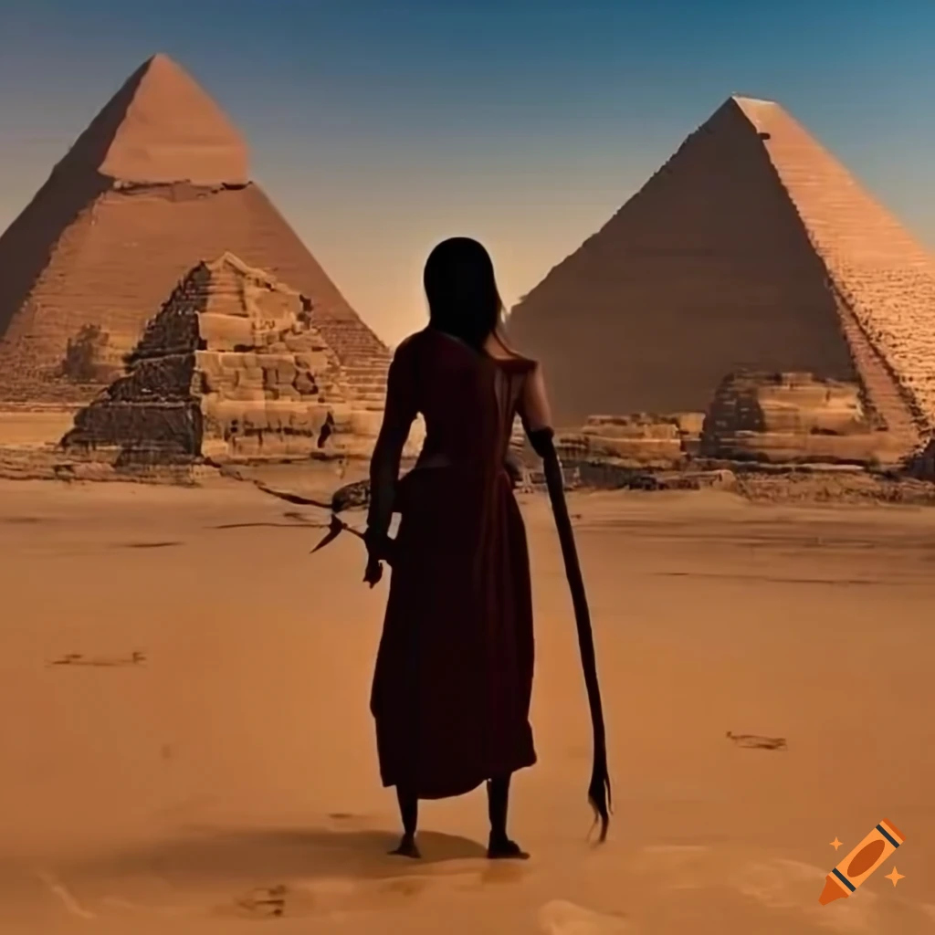 silhouettes of warrior women in front of the pyramids