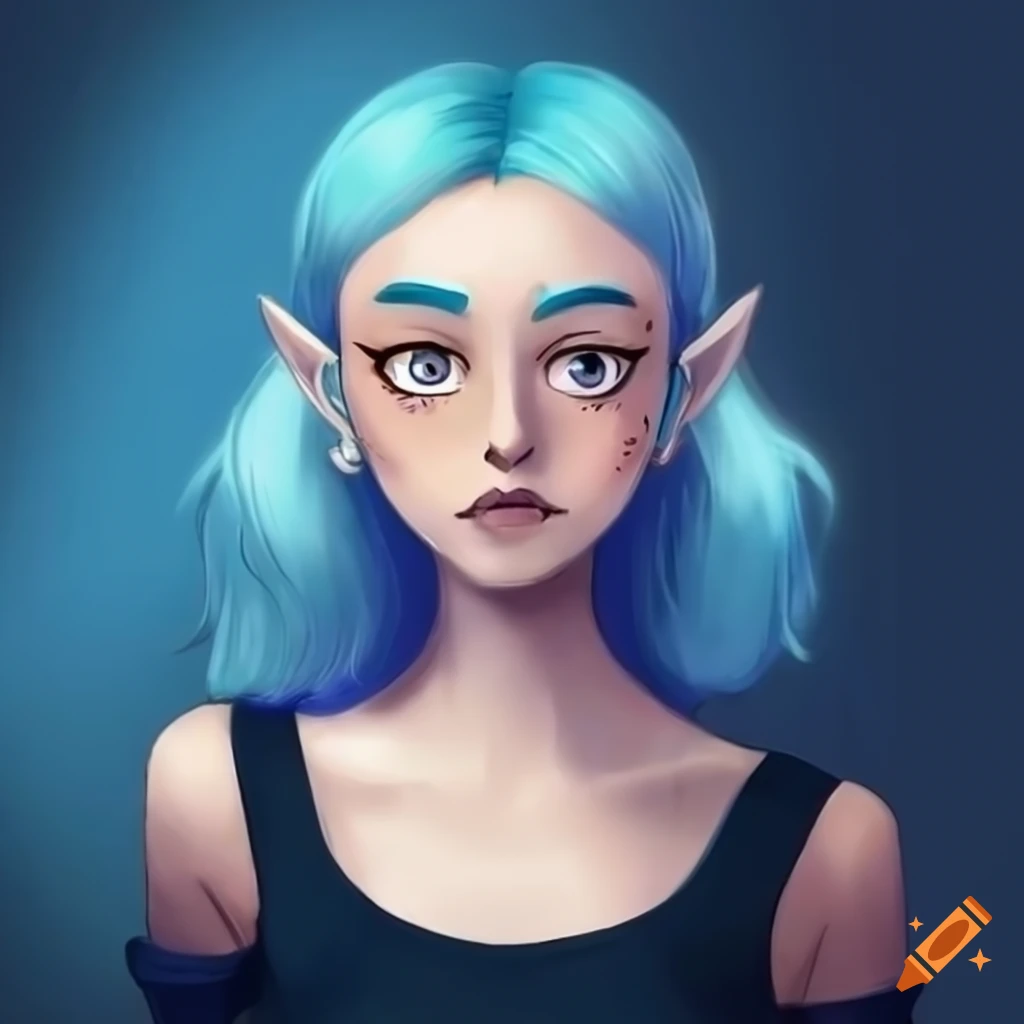 Female character with blue hair and white eyes on Craiyon