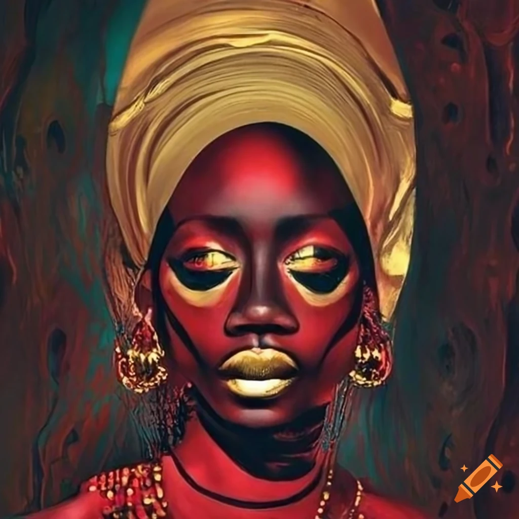 surreal artwork of a dark-skinned woman in red and gold