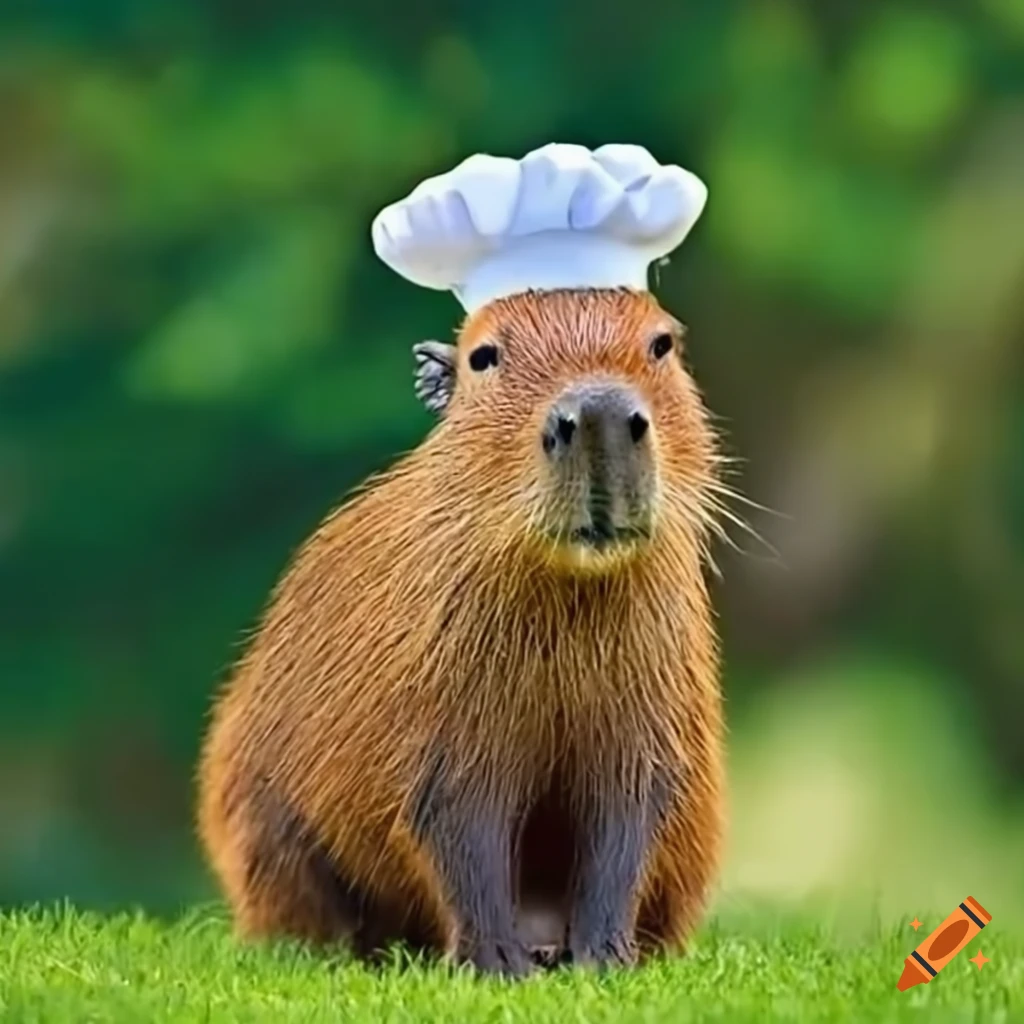 Capybara chef cooking in a garden
