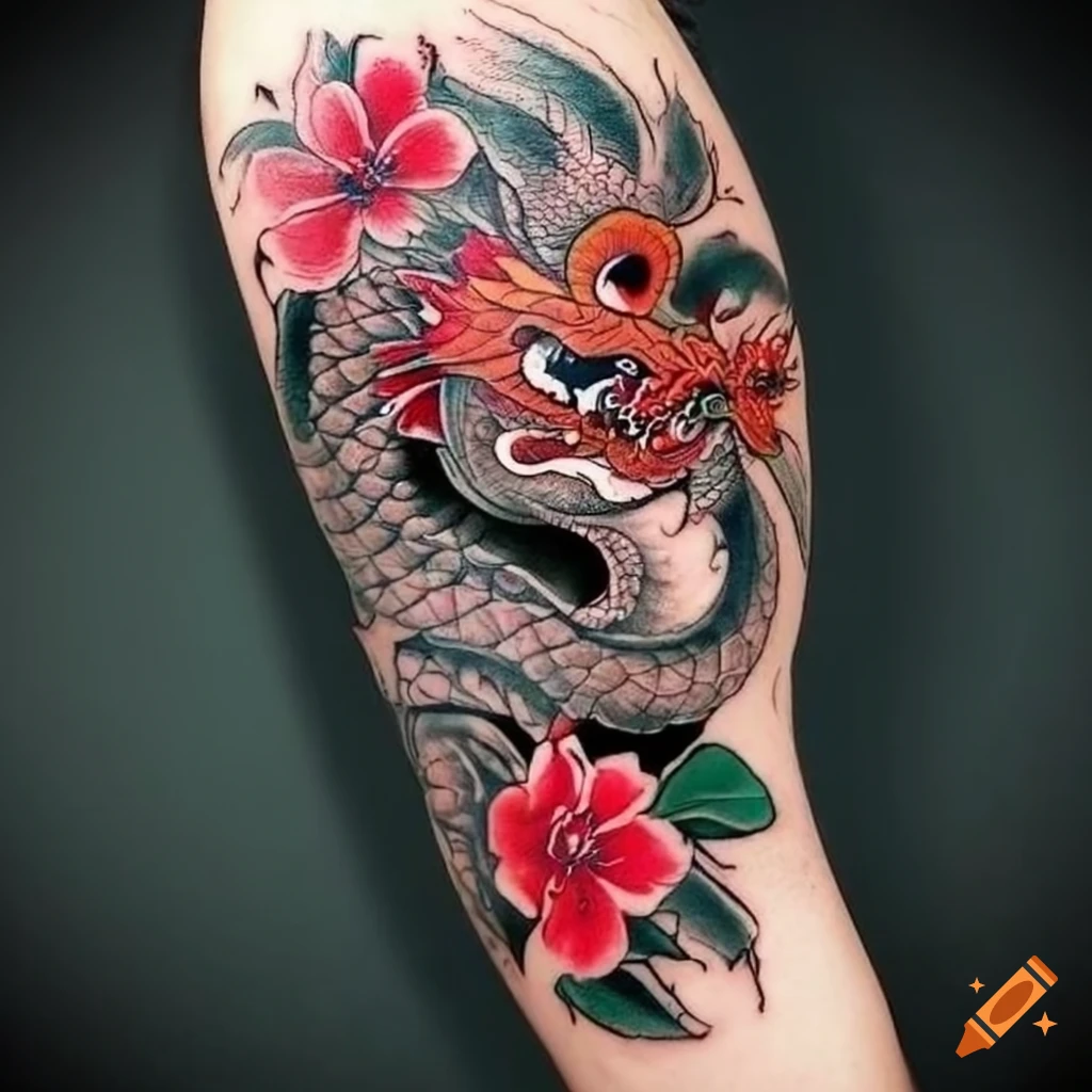 Premium Vector | Tattoo dragon and flower hand drawing and sketch with line  art illustration isolated