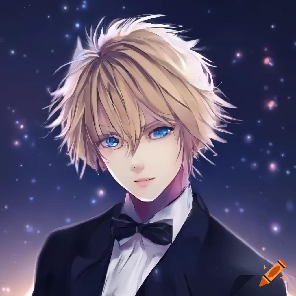anime-style portrait of a guy with blond hair and blue eyes