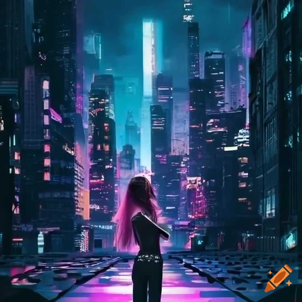 girl standing on a skyscraper with cyberpunk cityscape