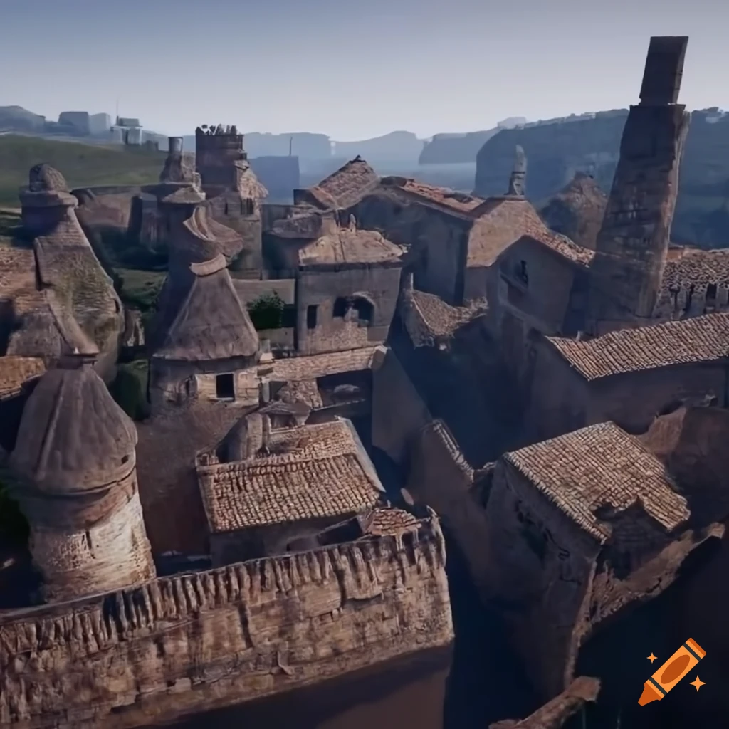 Aerial view of an ancient city with towers and a river on Craiyon