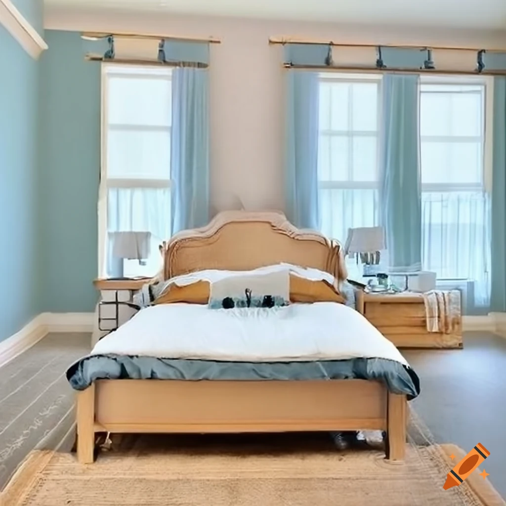 Spacious bedroom with calming pale blue walls on Craiyon