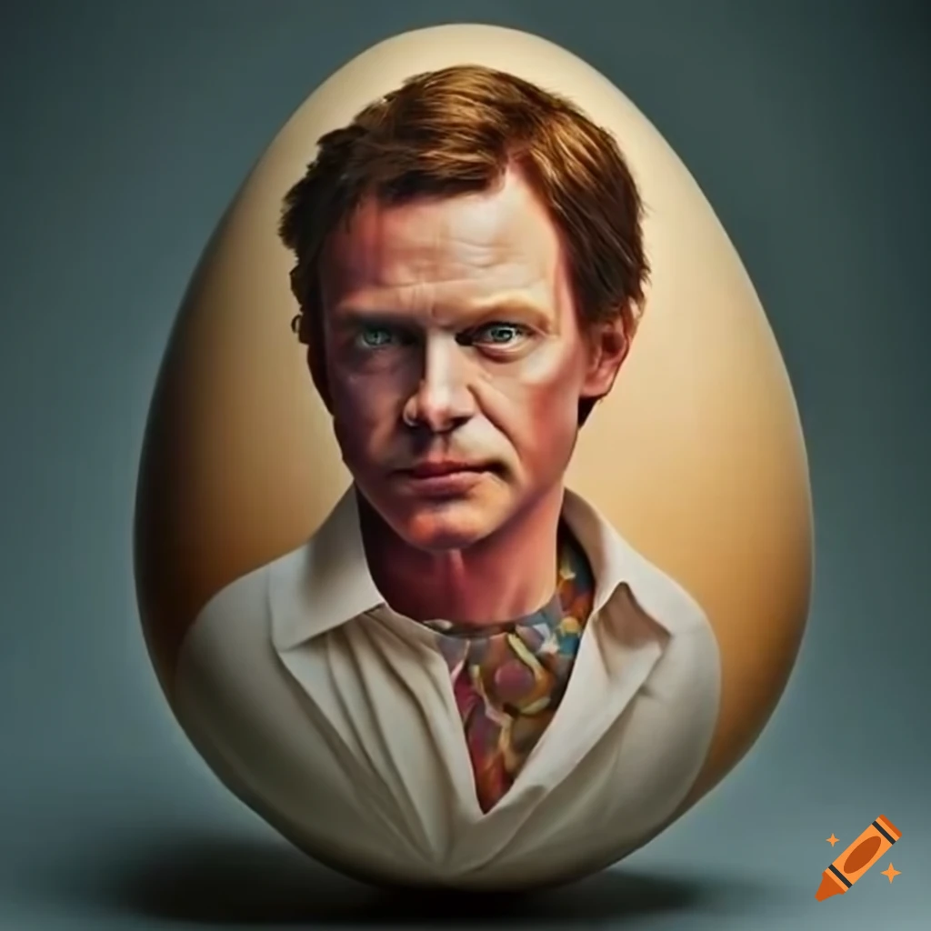 intricately crafted egg portrait of Patrick Jane