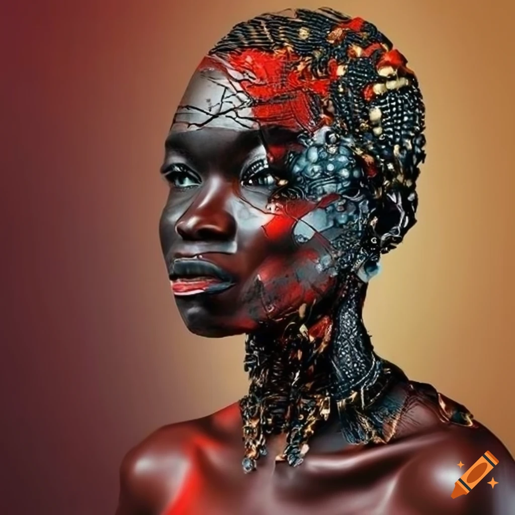 abstract surrealism artwork with cyborg African tribe elements