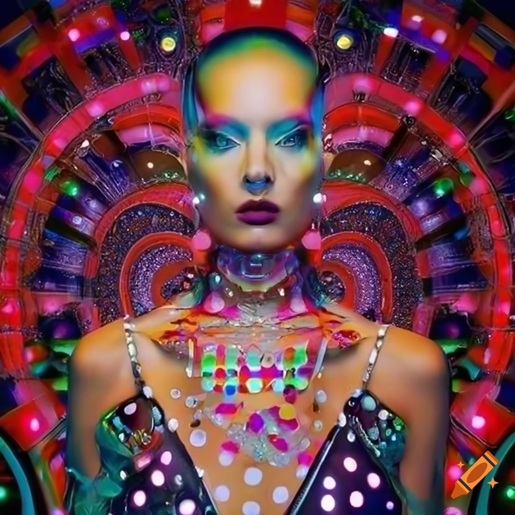 Fashion model in extravagant outfit in surreal setting
